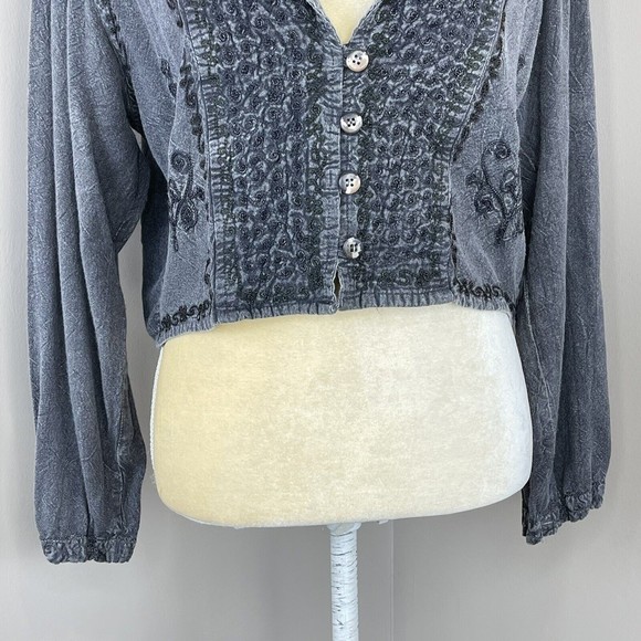 Women Log Sleeves Gray Cropped Jacket Free Size Embroidered - Picture 10 of 16